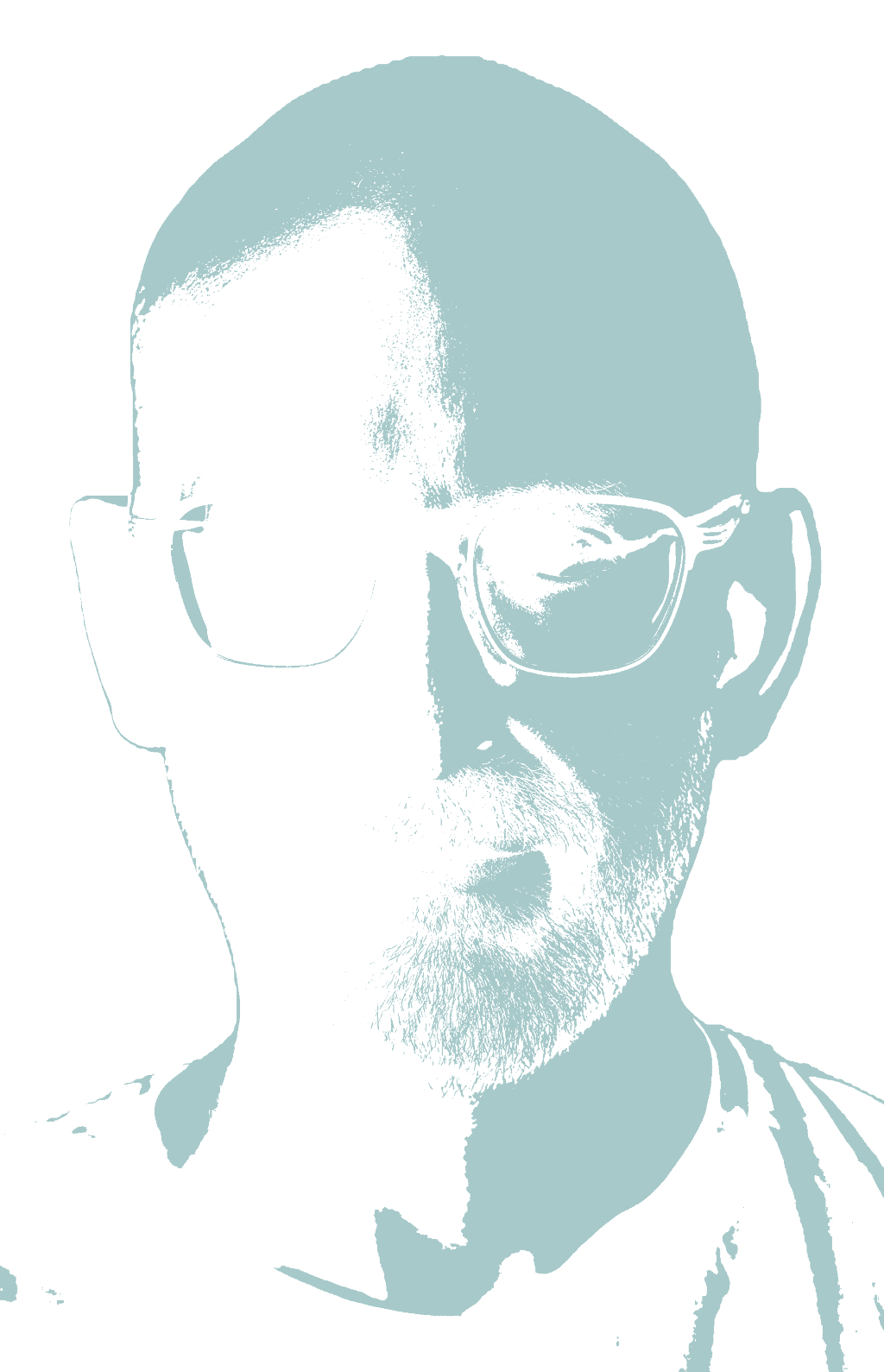 Two color portrait, black and light blue, half in light, half in dark.